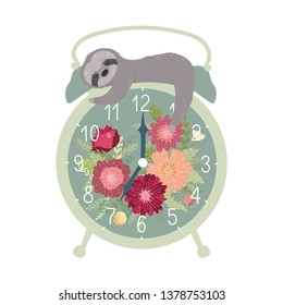 Retro alarm clock with cute sleeping sloth on isolated background.Beautiful vintage table clock with flowers.Vector illustration can be used poster, greeting card, gift, banner, textile, T-shirt, mug.