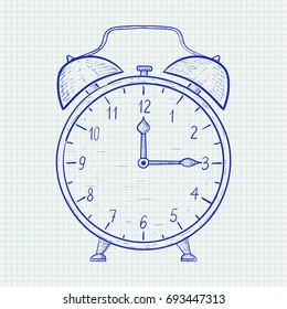 Retro alarm clock. Hand drawn sketch on lined paper. Quarter past twelve. Vector illustration