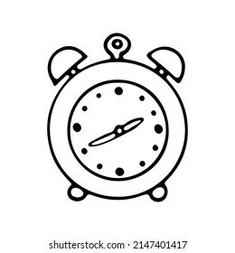 Retro alarm clock line art. Metal clock with wake up sound. Hand drawn graphic vector illustration. Isolated simple doodle element.