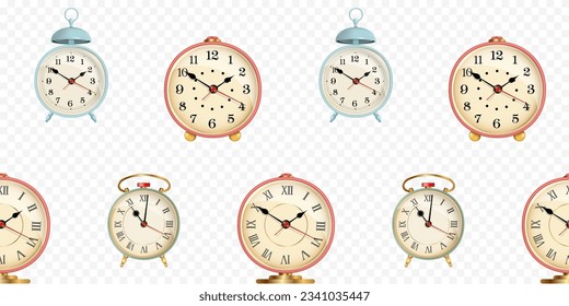 Retro alarm clock on a transparent background. Seamless background with clocks. Realism. Clock vector illustration. 