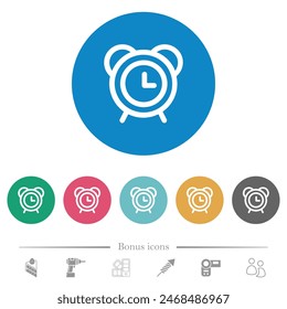 Retro alarm clock outline flat white icons on round color backgrounds. 6 bonus icons included.