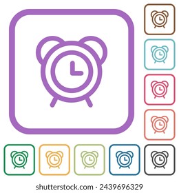 Retro alarm clock outline simple icons in color rounded square frames on white background