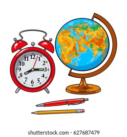 Retro alarm clock, school globe, pen and pencil, student accessories, sketch style vector illustration isolated on white background. Realistic hand drawing.