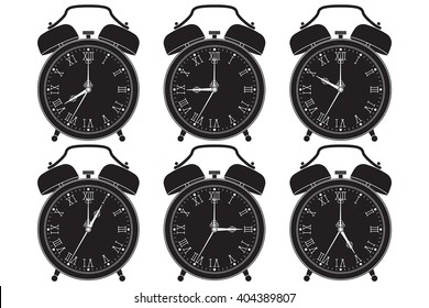 Retro alarm clock. Set of clocks with different time. Outline icons. Vector illustration isolated on white background