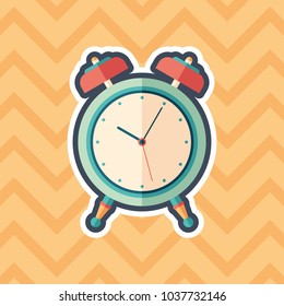 Retro alarm clock sticker flat icon with color background.