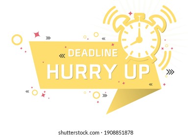 Retro alarm clock symbol and, Deadline hurry up text isolated on white background.