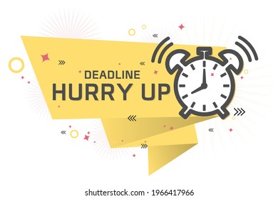 Retro alarm clock symbol and, Deadline hurry up text isolated on white background.