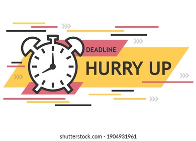 Retro alarm clock symbol and Deadline hurry up text isolated on white background.