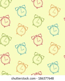Retro alarm clock vector seamless pattern. Vintage watch hand drawn background