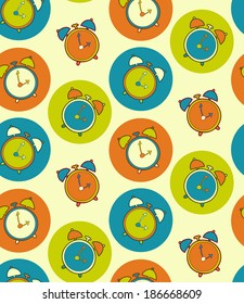 Retro alarm clock vector seamless pattern. Vintage watch background