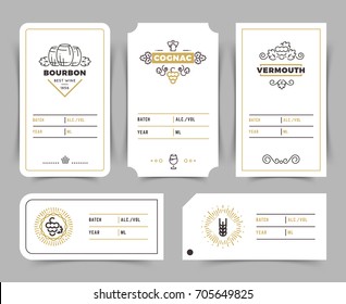 Retro alcohol drink vector emblems. Vintage bourbon, whiskey and brandy labels. Vermouth and cognac card emblem illustration