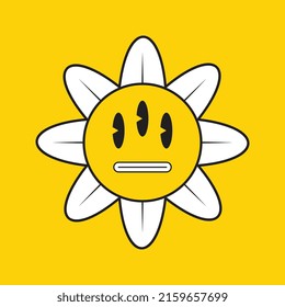 Retro alien daisy flower with neutral face on a yellow background. Vintage pop culture symbols for posters and t-shirt prints. Groovy vector editable illustration  EPS 10