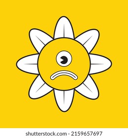 Retro alien daisy flower with sad face on a yellow background. Vintage pop culture symbols for posters and t-shirt prints. Groovy vector editable illustration  EPS 10