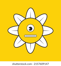 Retro alien daisy flower with smiling face on a yellow background. Vintage pop culture symbols for posters and t-shirt prints. Groovy vector editable illustration  EPS 10