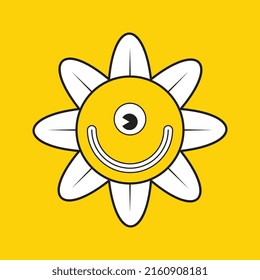 Retro alien daisy flower with smiling face on a yellow background. Vintage pop culture symbols for posters and t-shirt prints. Groovy vector editable illustration  EPS 10