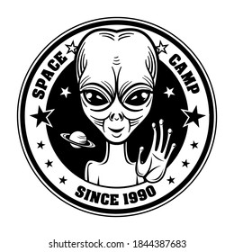 Retro alien greeting people vector illustration. Vintage badge with extraterrestrial character. Science and space exploration concept can be used for retro template, banner or poster