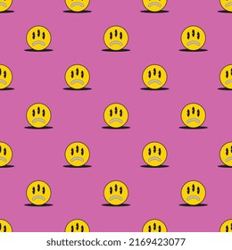 Retro alien sad face seamless pattern on a pink background. Vintage pop culture symbols for posters and t-shirt prints. Groovy vector editable illustration  EPS 10