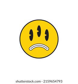 Retro alien smiling face in yellow circle on a white background. Vintage pop culture symbols for posters and t-shirt prints. Groovy vector editable illustration  EPS 10