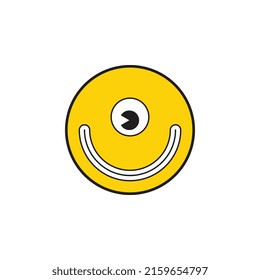 Retro alien smiling face in yellow circle on a white background. Vintage pop culture symbols for posters and t-shirt prints. Groovy vector editable illustration  EPS 10