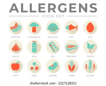 Retro Allergens Icon Set. Peanuts, Mushroom, Shellfish, Fish, Egg, Garlic, Milk, Soy Red Meat, Celery, Fruit, Seed, Legume and Corn Gluten Allergen Icons