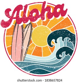 Retro Aloha Slogan Hawaii Illustration with Sun Ocean Waves and Surfboards - Graphic Vector Print for Tee / T Shirt