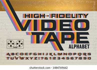 A retro alphabet with 1980s style rainbow effects. High-fidelity videotape packaging font with colorful stripes on a video cassette box.