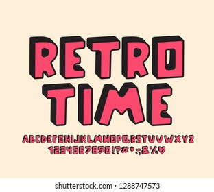 Retro Alphabet 3D design. Vector Letters, numbers and punctuation marks