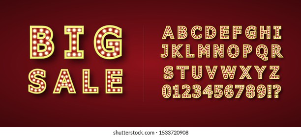 Retro alphabet from Edison lamps. For registration of advertising signs, banners, posters. On red background. Golden lighting. Big sale. Volumetric image. Isolated.