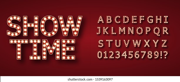 Retro alphabet from Edison lamps. For registration of advertising signs, banners, posters. On red background. Golden lighting. Glitter light. Show time. Volumetric image. Isolated.  