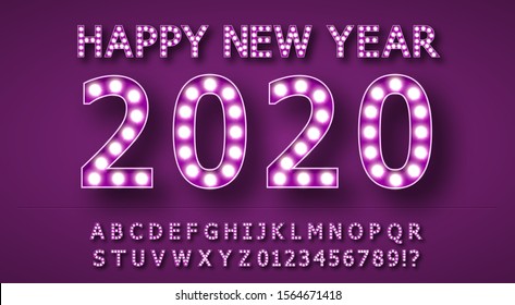 Retro alphabet from Edison lamps. For registration of advertising signs, banners, posters. On purple background. Lighting. Glitter light. Happy new year 2020. Volumetric image. Isolated.