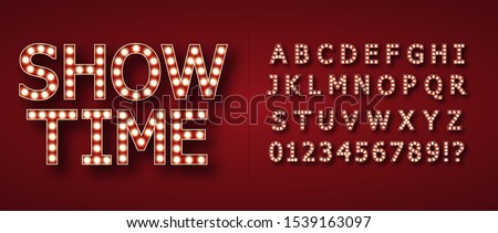 Retro alphabet from Edison lamps. For registration of advertising signs, banners, posters. On red background. Golden lighting. Glitter light. Show time. Volumetric image. Isolated.   Stock photo © 