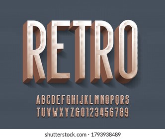 Retro alphabet font. 3D vintage letters and numbers with shadow. Vector typescript for your typography design.