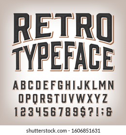 Retro alphabet font. Damaged vintage letters, numbers and symbols. Stock vector typescript for your typography design.