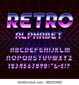 Retro alphabet font. Metallic effect letters and numbers on the 80's style background. Vector typography for flyers, headlines, posters etc.