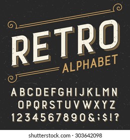 Retro Alphabet Font. Serif Type Letters, Numbers And Symbols. On A Dark Distressed Scratched Background. Stock Vector Typography For Labels, Headlines, Posters Etc.