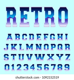 Retro alphabet font template. Letters and numbers 80s vintage design. Vector illustration.