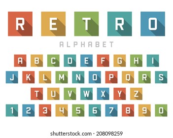 Retro alphabet font. Type letters and numbers Vector design elements. 