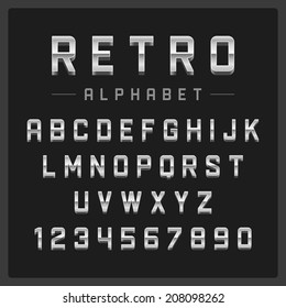 Retro Alphabet Font. Type Letters And Numbers Silver Metal Style Vector Design Elements. 