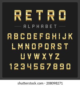 Retro Alphabet Font. Type Letters And Numbers Golden Metal Style Vector Design Elements. 