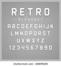 Retro alphabet font. Type letters and numbers vector design elements. 