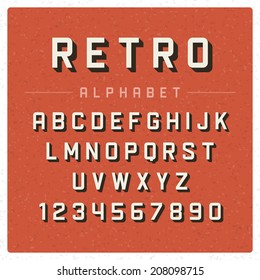 Retro alphabet font. Type letters and numbers Vector design elements. 