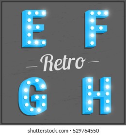 Retro alphabet font. Typeface with shiny light bulbs. Retro e, f, g, h