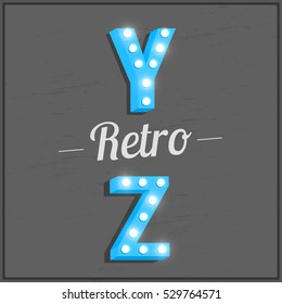 Retro alphabet font. Typeface with shiny light bulbs. Retro y, z