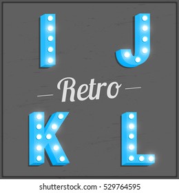 Retro alphabet font. Typeface with shiny light bulbs. Retro i, j, k, l
