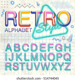 Retro alphabet font. Vintage Alphabet vector 80's, 90's old style graphic poster set. Eighties style graphic template. Template easy editable for Your design.