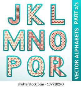 Retro alphabet letters. Vector illustration for your old-fashioned design. Set of character with different pattern in vintage color.
