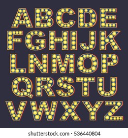 Retro alphabet with light bulbs. Vector