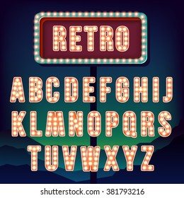 Retro alphabet, Realistic letters, Neon light bulbs For words with vintage style, Vector illustration