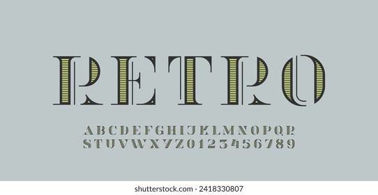 Letra retro serif tipo de letra con rayas decorativas, letras antiguas para logotipo y nombre de marca, diseño vintage y alcohol de etiqueta, letras mayúsculas de A - Z y números de 0 - 9, ilustración vectorial 10EPS