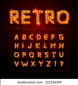 Retro alphabet set with lamp and stars, vector illustration.